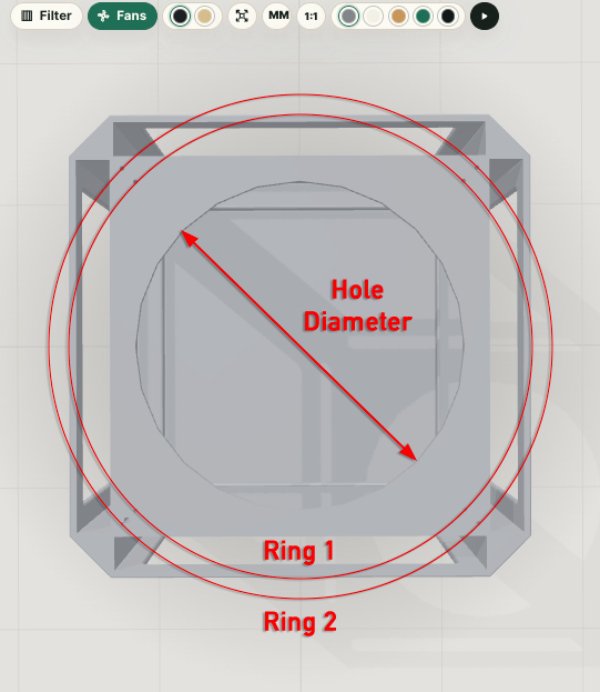 Top view of the Box/Exhaust panel showing the central hole diameter and the two screw rings.