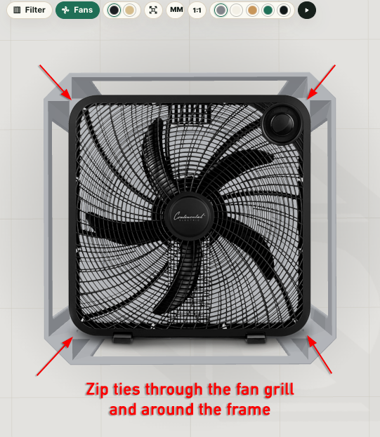 A box fan secured to the top panel with zip ties through the fan grill and around the frame.