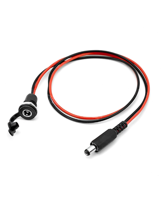 A panel-mount DC barrel jack on a pigtail with a matching male DC plug.