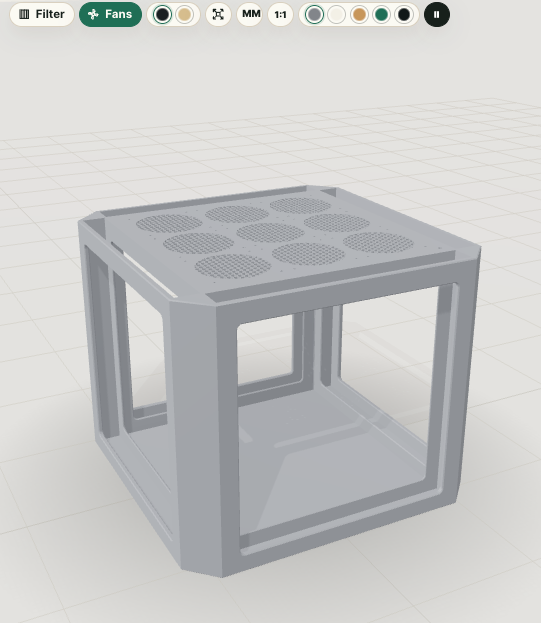 3D view of the four-side tower layout: filters on all four walls with fans exhausting through the top.