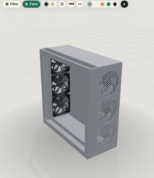 3D view of the one-side layout: a single filter wall with fans, closed on the other sides.