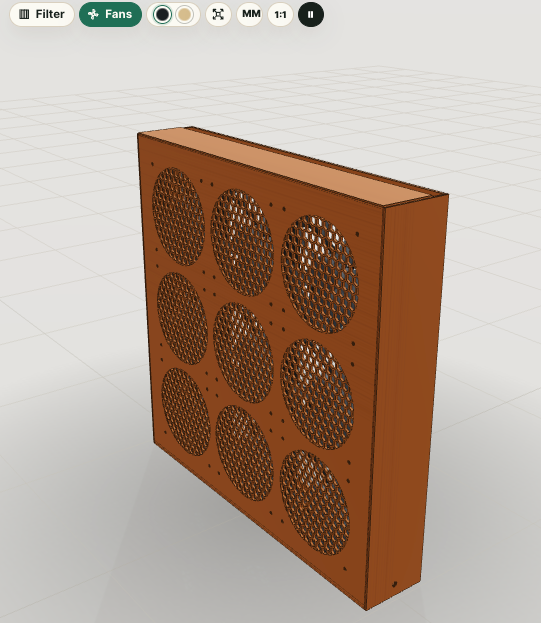 Back fan view of a panel-style purifier: a grid of grilled fans across the back plate.