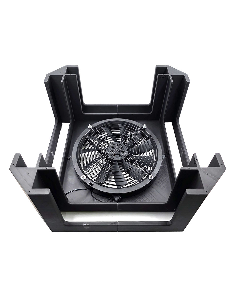 Fans mounted and the cord pass-through fixed before final assembly.