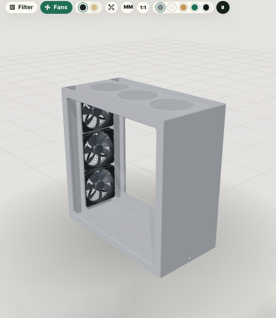 3D view of the both-sides sandwich layout: filters on two opposite walls with fans pulling air through both.